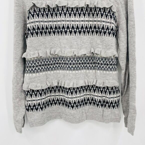 Talbots Petites Size Large Gray Fair Aisle Ruffled Lambswool Crewneck Sweater - Picture 3 of 7